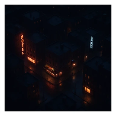 Realistic top-down view of a night city, all in shadow, only establishments glowing, dark and moody, cinematic style sticker