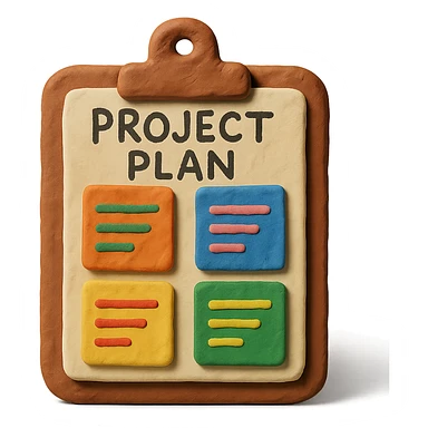 claymation style project plan with clay clipboard and colorful notes sticker