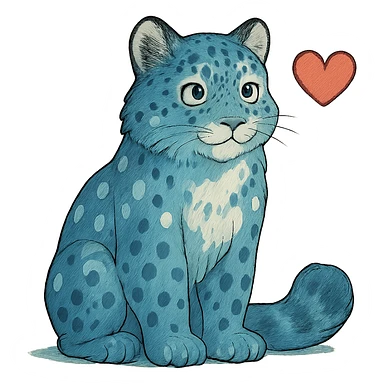ghibli style snow leopard with blue fur, white spots, and a heart sticker