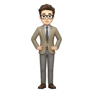 Full height Pale skinned Fit Man With dark brown hair in gray jacket, beige office shirt, tie, Brown pants and vintage glasses. Thrumbs of his palms directed up sticker