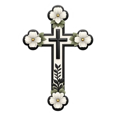 a black and white detailed cross with flowers over lapping sticker