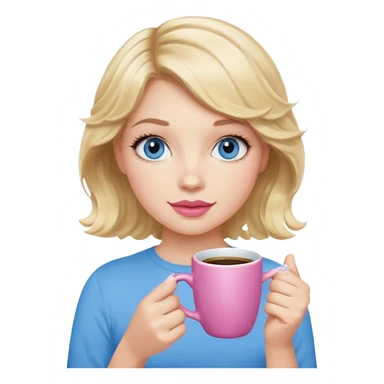 Girl Blonde short wavy hair,  blue eyes, cute blue top, long lashes, pink lips, holding coffee mug sticker