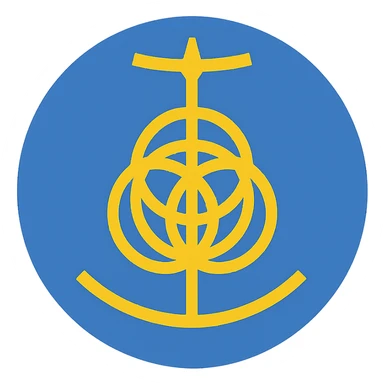 Create a simple flat color clip art style image of a blue circle with the Elden Ring logo inside. Use three shades of blue from the palette. The style should be minimal and clean with no text. sticker