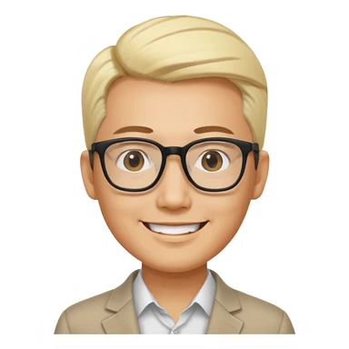 Asian man, 35 years old, consultant, short slicked-back blond hair, big glasses, smiling eyes sticker