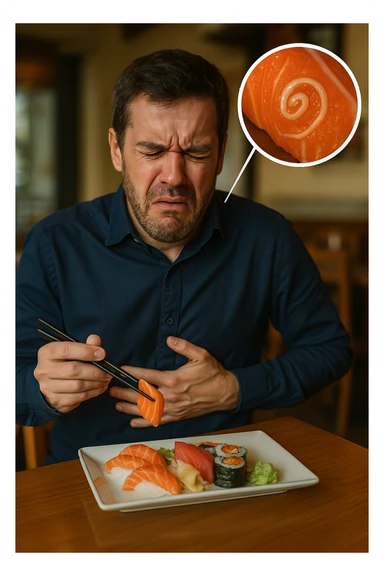 a man sits at a restaurant table, eating a plate of raw fish (such as sushi or sashimi). In a magnified inset, an Anisakis larva is visible inside a piece of fish. The man’s expression changes from enjoyment to sudden discomfort, holding his stomach with a pained look. The background is softly blurred, focusing on the man and the food. in italiano sticker
