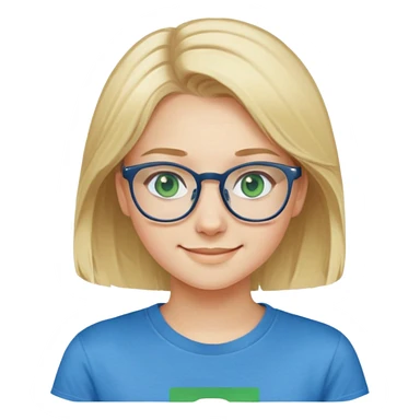 girl 17 years old. blond hair green eyes. glasses for vision gray color. in a blue T-shirt. white skin color smiles  sticker