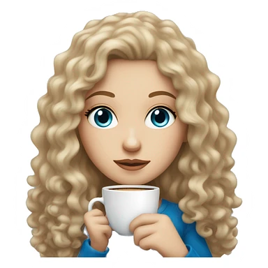A white girl with darkblonde long curly hair, blue eyes and freckles holding a cup of coffee sticker
