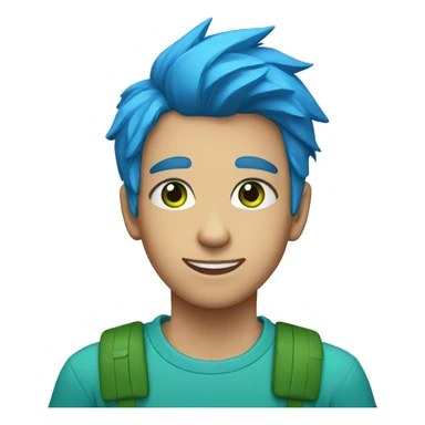 A teenager of a bright blue hair and green eyes with a blue t-shirt sticker