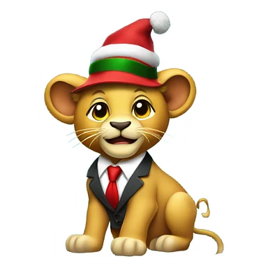 Lion cub wearing a business suit and hat that has a logo of “TripTips” standing in front of a Christmas tree with money falling everywhere sticker