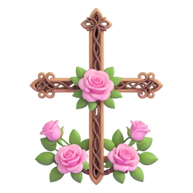 3D gothic cross entwined with pink roses, elegant and dark sticker