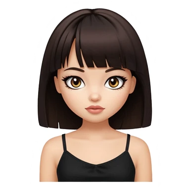 generate a pretty bratz girl in black cami top, dark brown straight bob hair with bangs, eyeliner on, sticker