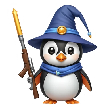 A cute penguin funny with a wizard hat, and a shotgun sticker