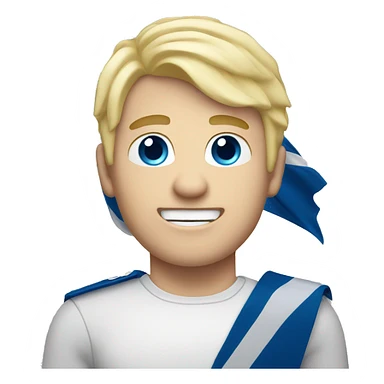 Male with blonde hair and blue eyes waving hand smiling with a Scotland flag sticker