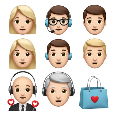 6 icons in a 2×3 grid, soft 3D emoji style, pastel colors, equal spacing, white background:
1) speech bubble
2) theatre masks
3) dynamic stopwatch
4) house + coffee + shopping bag
5) English gentleman
6) female support agent with headset
 sticker