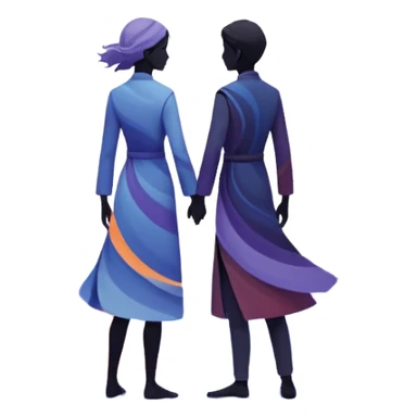 Center composition: Two silhouetted figures standing back-to-back or side-by-side in a circle of calm (soft blues, lavenders, white light)
Around them: Swirling storm energy—abstract shapes, wind lines, chaotic movement in reds, oranges, and dark grays sticker