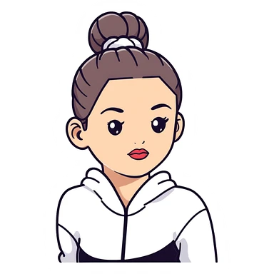cartoon sticker of a clean girl with dewy skin, glossy lips, hair in a bun, wearing athleisure sticker