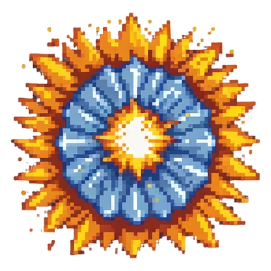 Bomberman explosion center tile animation frame 1, slightly smaller bright fiery explosion core, yellows and oranges, clean pixel art edges, beginning of explosion sticker