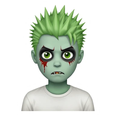 zombie boy with spiky emo hair, white shirt, green skin, classic apple emoji style sticker