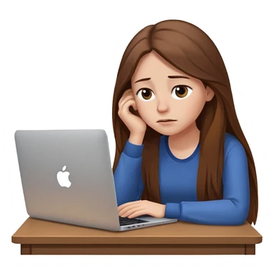create a woman long hair brown, sitting with her macbook looking tired. looking at her computer, exausted  sticker