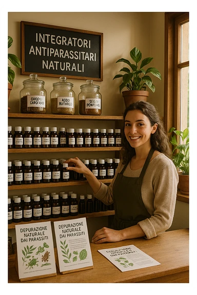 A realistic, well-lit herbal supplement store interior with wooden shelves neatly displaying glass jars and bottles labeled as ‘Chiodi di Garofano’, ‘Acido Butirrico’, and ‘Semi di Pompelmo’, organized in a clean and aesthetic manner. Small handwritten chalkboard signs indicate ‘Natural Antiparasitic Supplements’ above the section. The environment feels warm and trustworthy, with potted green plants adding freshness and a subtle sunlight entering through a window. A young shop assistant with a welcoming smile arranges the products, while informational leaflets about natural parasite cleansing are visible on a wooden counter, creating a holistic and health-conscious atmosphere in Italiano sticker