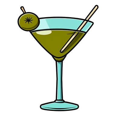 martini glass with clear liquid and an olive at the bottom skewered by a toothpick sticker