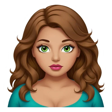 Girl girl long wavy brown hair, green/blue/gold eyes, plus size, thick eyelashes, tan skin, rose lips sticker