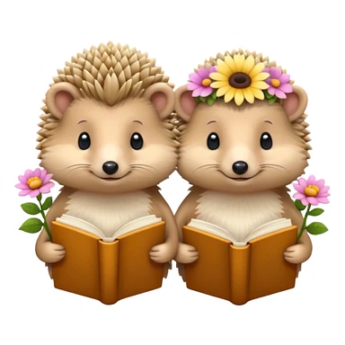 2 Beige Hedgehogs reading books + flowers sticker