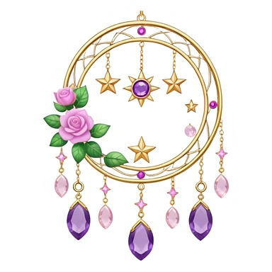 Epic beautiful gorgeous cute gold suncatcher, threads with shiny sparkly amethyst and rose-quartz gemstones, flowers, crescents-moons, stars, leaves sticker