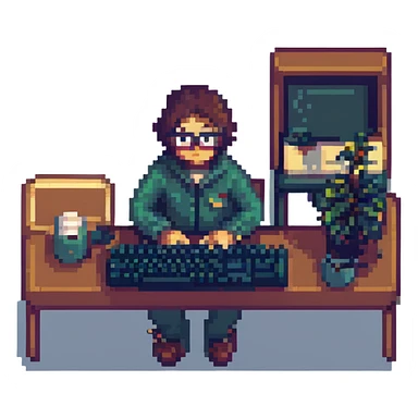 programmer wearing glasses, typing on keyboard, pixel art style, retro tones, simple background sticker