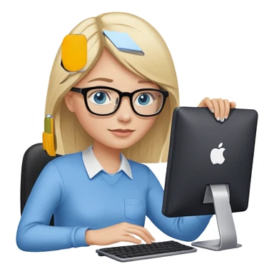 donna, occhi azzurri con occhiali, capelli medi, lisci e biondi, lavora al pc. sticker