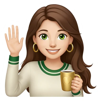 Long, Brown haired girl with middle hair part, green eyes, gold hoop nose ring, smiling, waving with one hand, coffee mug in the other sticker