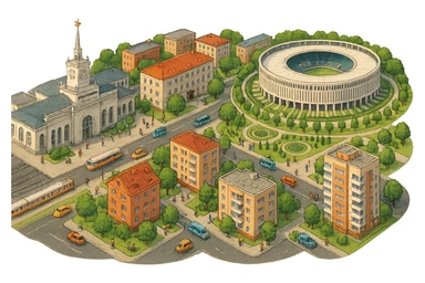 Изометричная миниатюрная фотореалистичная 3D модель панорамы Краснодара - вокзал Краснодар, КубГМУ, парк Краснодар со стадионом, краснодарские дома, автотранспорт четкие линии, яркие цвета, мультяшный реализм, люди, автотранспорт, компактная композиция, вид сверху в изометрии, прозрачный фон sticker