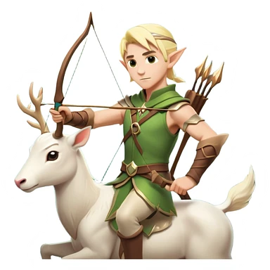 clash-of-clans-aesthetic-blond-male elf-archer-portrait-emoji, rendered in a flat, vector-style with minimal shading and bold holding his bow, simplified shapes, head tilted slightly forward with a determined, focused expression, riding a majestic white stag whose antlers glow with mystical energy, set against an ancient, enchanted forest backdrop. sticker