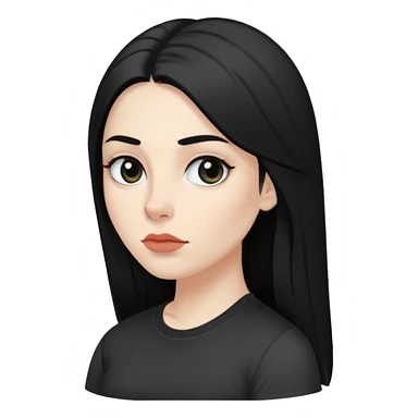 A white-skinned, black-haired woman with long hair, wide, black eyes, slightly full lips, a straight nose, slightly thick eyebrows, and wearing a black T-shirt  sticker