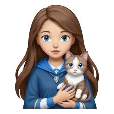 gorgeous Girl with light skin, blue eyes, long brown hair, wears a ravenclaw outfit, with a grey and white cat holding in her arms sticker