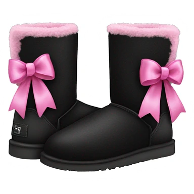 Realistic black Ugg fur boots with pink ribbon bows and stitching isolated.  sticker