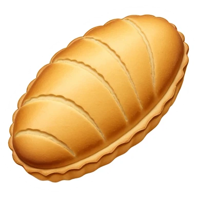A madeleine pastry. Oval shaped with vertical lines going in the same direction as the oval. Light golden brown. Scalloped edge. Cookie. Stretched out oval sticker