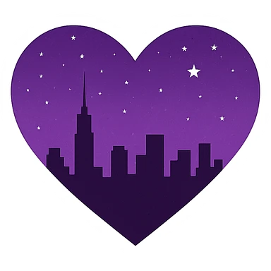 Change the heart with a city skyline at midnight to a purple night theme with a purple starry sky above and more stars. Remove the background entirely. sticker