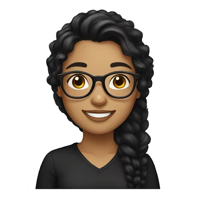 girl wearing black clothes, with long black slight curlyhair, glasses, smile,  sticker