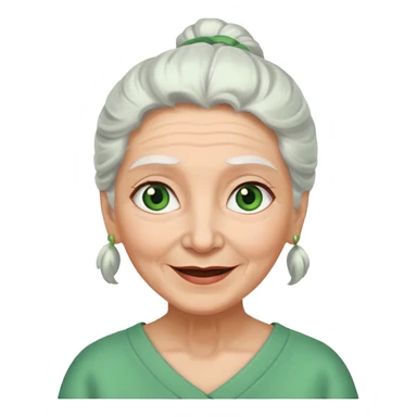 abuela con ojos verdes, pelo blanco, pelo blanco y amarrado, aspecto feliz sticker