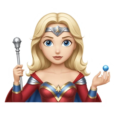 Blonde blue eyed Wonder Woman holding white orchestra conductor’s baton and bell sticker