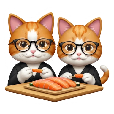 cute girl cat wearing glasses and a cute boy cat eating sushi together sticker