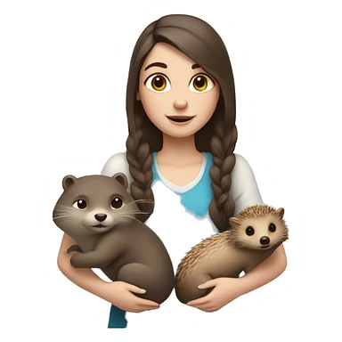 a girl with blue eyes and fair skin with an otter and a hedgehog in her hands sticker