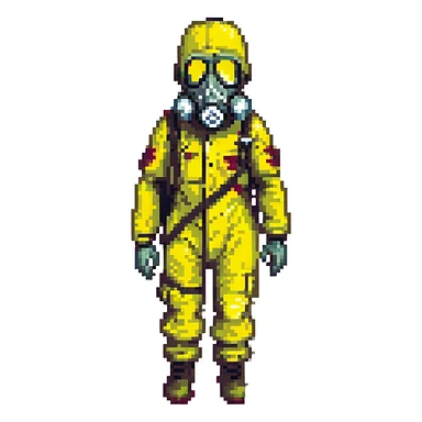a zombie from the game DAYZ wearing a yellow hazmat suit with a black gasmask sticker