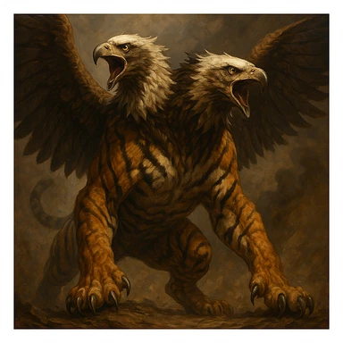 A fusion creature: tiger's body, two eagle heads, feathered wings, and tiger paws, in a dramatic stance, mythical hybrid. sticker