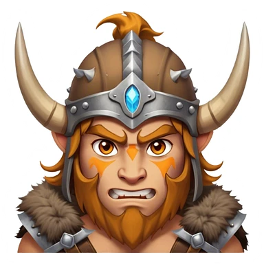 Clash of Clans aesthetic: Cinematic Fierce Barbarian Portrait Emoji, Poised and bold with a rugged yet cartoonish build in tattered furs and a horned helmet, his exposed skin a rich tan, expressive bright eyes and a confident smirk, Simplified yet dynamic features, highly detailed, glowing with a vivid, adventurous aura, high shine, heroic and spirited, stylized with an air of medieval warrior charm, focused and energetic, soft glowing outline, capturing the essence of a fearless barbarian adventurer ready to lead his clan with spirited valor! sticker