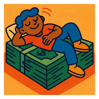 happy person napping on mattress of money sticker