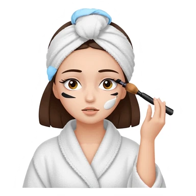 Girl with brown hair in white dressing gown and white towel wrapped in her head doing her makeup. Eyes closed white dark hair and towel wrapped differently doing mascara sticker
