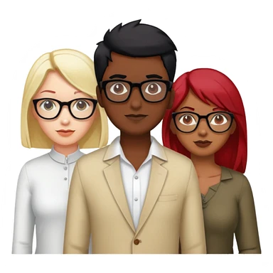 3 people. One male Indian with black hair. One female red hair glasses white. One female blonde hair glasses white  sticker