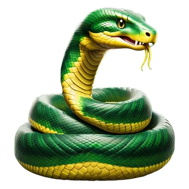 cinematic-anaconda-realistic-full-body-coiled-emoji,-thick-muscular-body-wrapped-in-powerful-loops,-smooth-green-and-black-patterned-scales-glinting-under-the-light,-head-raised-slightly,-piercing-golden-eyes-staring-intensely,-simplified-yet-realistic-focused-features,-highly-detailed,-glowing-with-an-almost-sarcastic-glow sticker